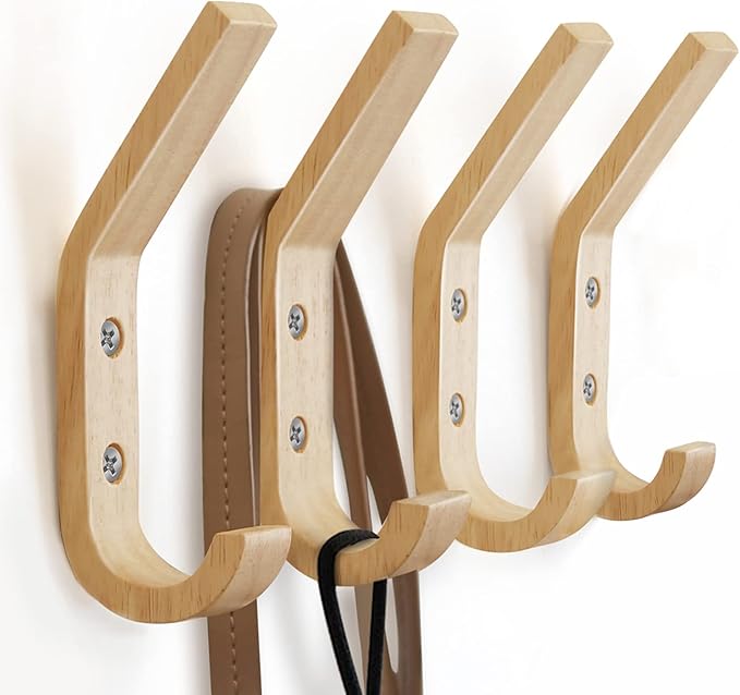 Wooden Coat Hooks Wall Hooks,Natural Oak Wood Hooks Decorative Vintage Wood Wall Hooks Organizer Heavy Duty Wall Mounted Hooks for Hanging Coats, Key, Cap, Cup (4 Pack)