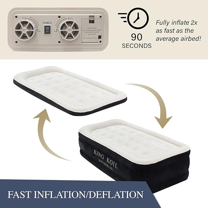 King Koil Luxury Twin Air Mattress with Built in Pump, 20” Double High Twin Size Premium Airbed, Inflatable Blow Up Mattress, Waterproof, 1-Year Warranty