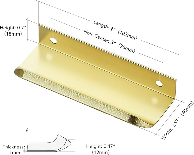 Ravinte Hardware 20 Pack Gold Cabinet Handles, 4 Inch (102mm) Finger Edge Pulls, 3 Inch Hole Center, Finger Pulls for Cabinets