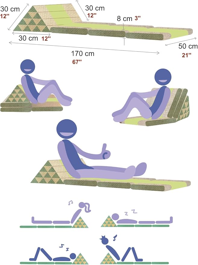 Leewadee - Comfortable Japanese Floor Mattress - Thai Floor Bed with Triangle Cushion - Futon Mattress - Thai Massage Mat, 67 x 21 inches, Brown, Kapok Filling