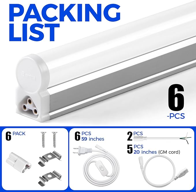 Barrina (6 Pack LED T5 Integrated Single Fixture, 4FT, 2200lm, 6500K Super Bright White, 20W Utility LED Shop Light, Ceiling and Under Cabinet Light, Corded Electric with ON/Off Switch, ETL Listed