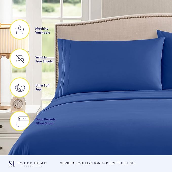 RV Queen Bed Sheets - Breathable Luxury Sheets with Full Elastic & Secure Corner Straps Built In - 1800 Supreme Collection Extra Soft Deep Pocket Bedding Set, Sheet Set, RV Short Queen, Royal Blue