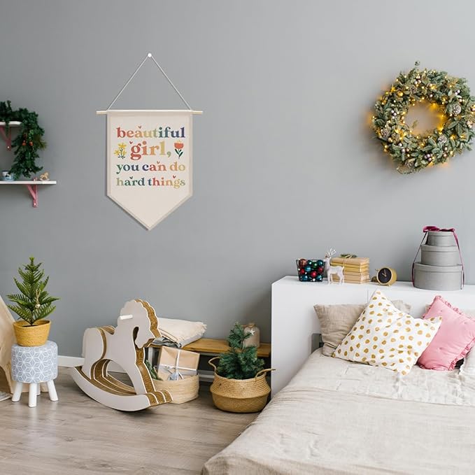 Nursery Decor Cute Girl Bedroom Decor, Colorful Wall Art, Motivational Bedroom Playroom Wall Art Decorations, Boho Twin Room Sign, Siblings Room Hanging Pennant Flag Banner Beautful Girl