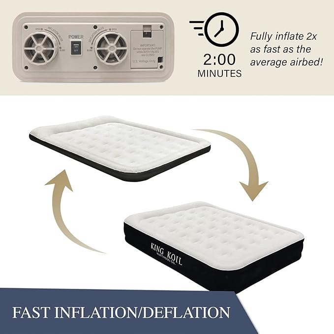 King Koil Premium Luxury Plush Pillow Top Queen Size Air Mattress with Built-in High-Speed Pump for Home, Camping, Guests,13" Inflatable Double High Blow Up Airbed, Durable Waterproof, 1-Year Warranty
