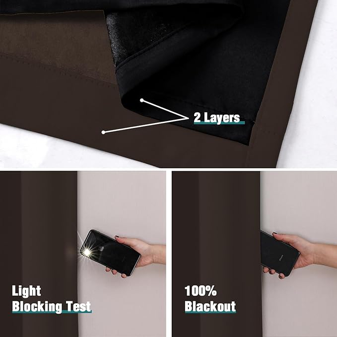 ChrisDowa 100% Blackout Curtains for Bedroom with Black Liner, 2 Thick Layers Total Blackout Thermal Insulated Grommet Window Curtains 2 Panels Set (Brown, 42 x 63 Inch)