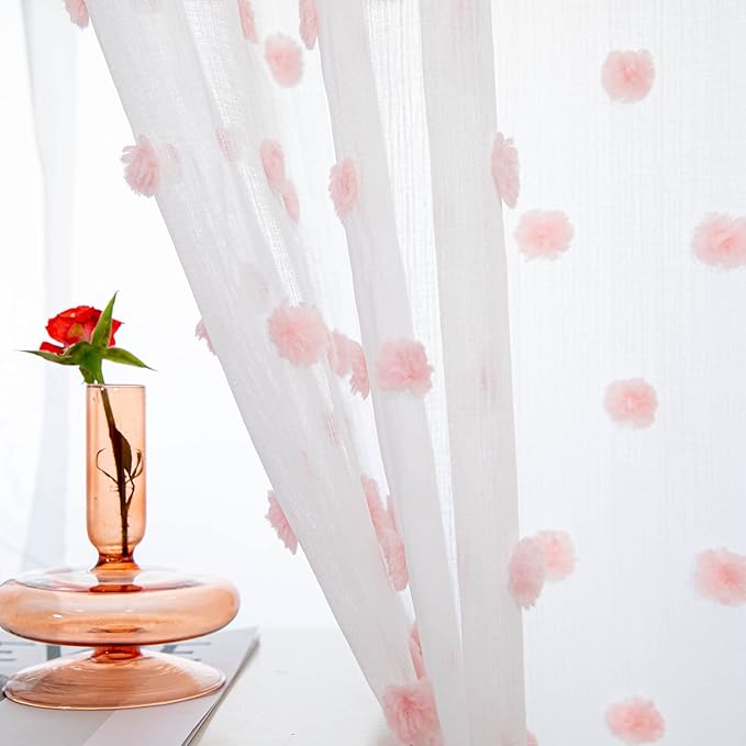 MYSKY HOME Living Room Curtains for Window 120 Inch Length Long Pink Pom Pom Curtains for Bedroom Set of 2 White Sheer Curtains Blush Farmhouse Rod Pocket Parties Backdrops 52" x 120"
