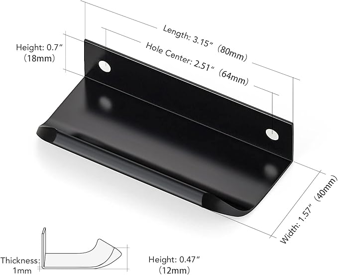 Ravinte Hardware 6 Pack Black Cabinet Handles, 3.15 Inch (80mm) Finger Edge Pulls, 2-1/2 Inch Hole Center, Finger Pulls for Cabinets