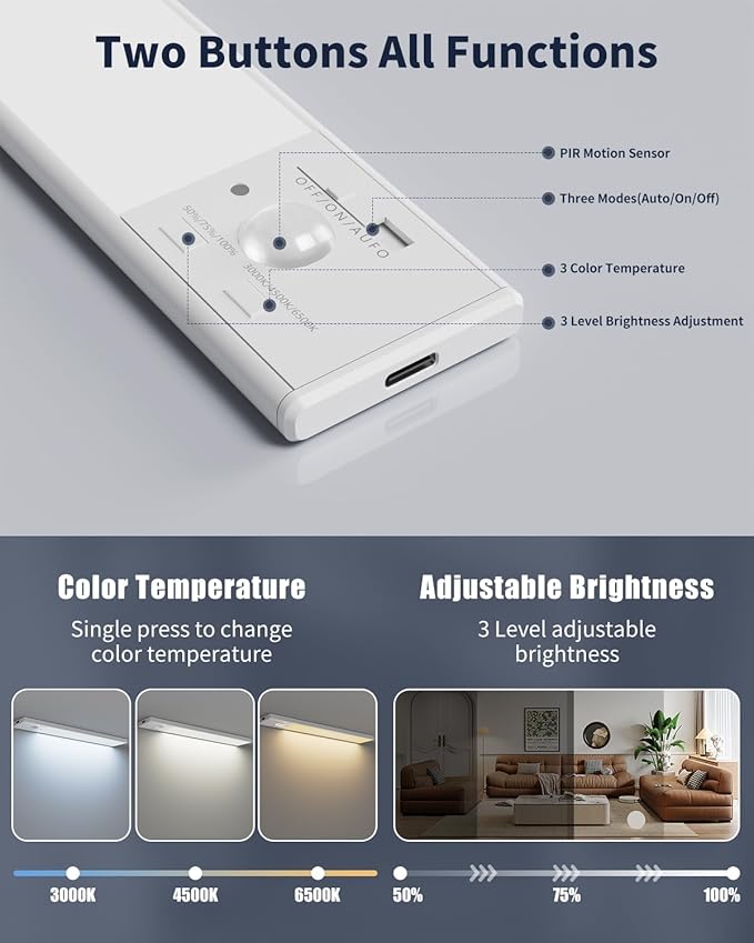 FBY Under Cabinet Lighting,1800mAh USB Rechargeable Closet Light, 8-Inch LED Motion Sensor Indoor, 3-Level Adjustable Brightness and 3 Color Temperature Options (3Pack)