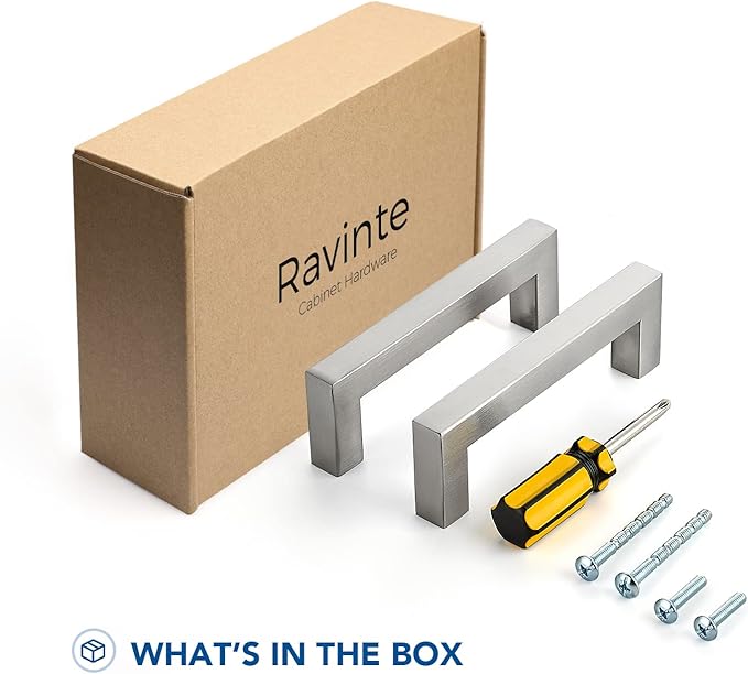Ravinte 1 Pack Brushed Nickel Kitchen Cabinet Handles 3-3/4 Inch Cabinet Pulls Square Kitchen Hardware for Cabinet Drawer Pulls Drawer Handles Come with Screwdriver