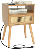 MaxSmeo Mid Century Modern Nightstand with Charging Station, Bedside Tables with Rattan Drawer, Small Wood Nightstand Side Table for Living Room,Bedroom (Brown)