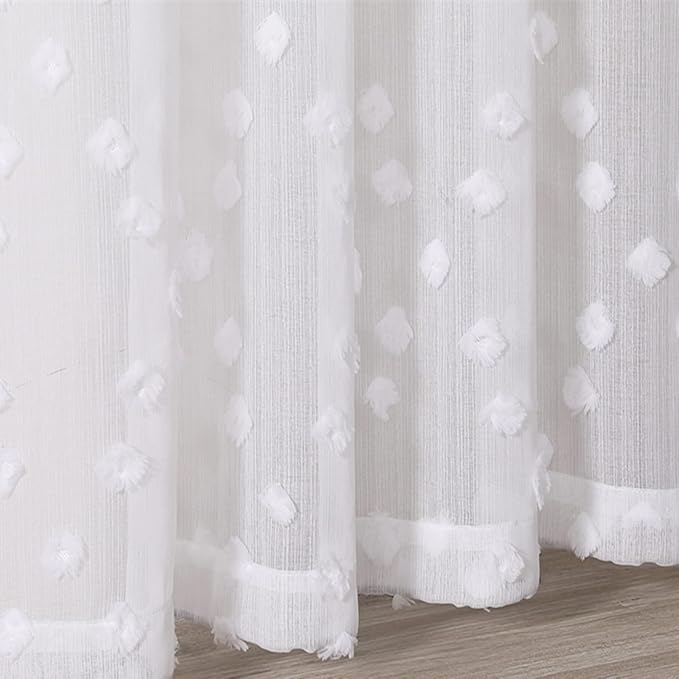 MYSKY HOME White Sheer Short Curtains with Pom Pom for Small Windows Bedroom Nursery Kids Girls Room Curtains Cafe Kitchen Light Filtering Boho Drapes, Rod Pocket,52 x 54 Inches, 2 Panels