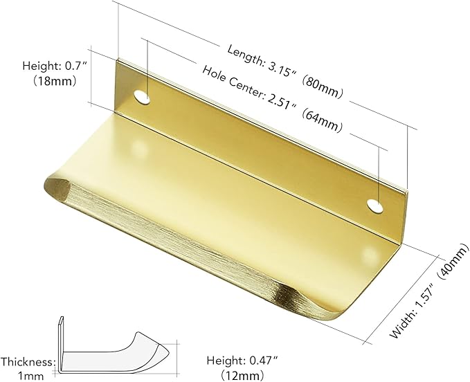 Ravinte Hardware 30 Pack Gold Cabinet Handles, 3.15 Inch (80mm) Finger Edge Pulls, 2-1/2 Inch Hole Center, Finger Pulls for Cabinets