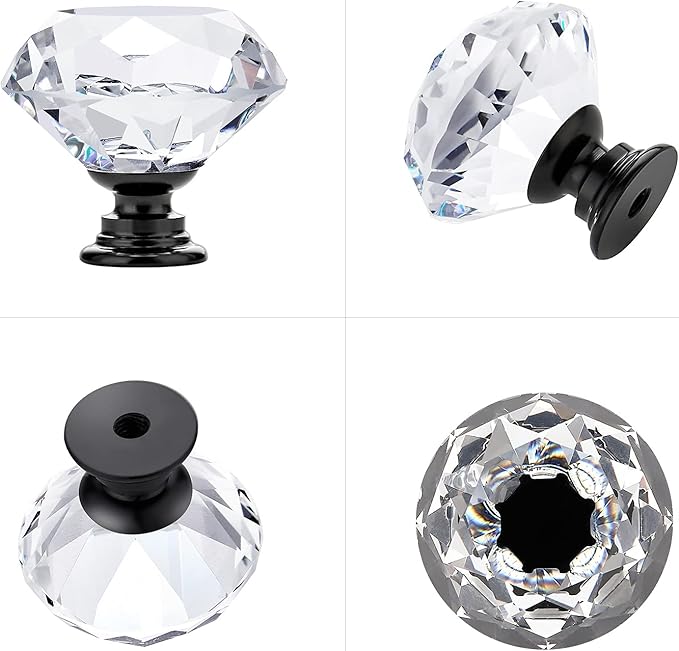 Ravinte 25 Pack Crystal Knobs for Dresser Drawers - 30 mm Glass Cabinet Knobs With Black Base, Diamond Shaped
