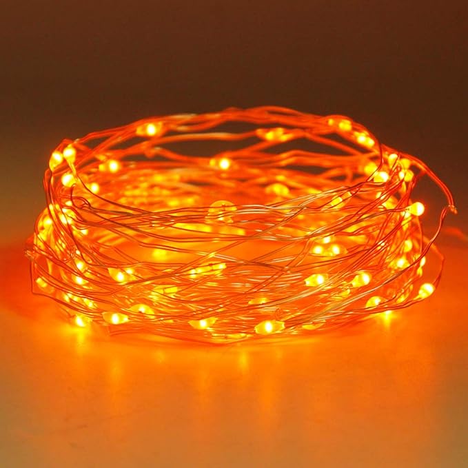 Twinkle Star 2 Pack Orange Halloween Fairy Lights Battery Operated, Total 66 ft 200 Led String Lights Remote Control Timer Silver String Light 8 Modes Firefly Lights for Garden Party Indoor Decor