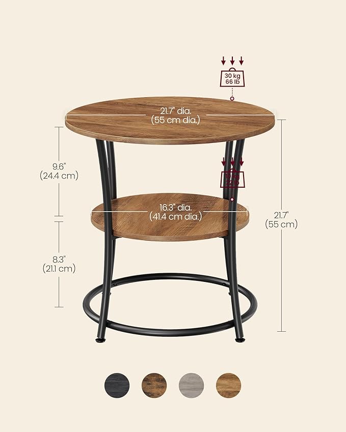 VASAGLE Side Table, 2-Tier Round End Table, Nightstand with Steel Frame for Small Spaces, Living Room, Bedroom, Honey Brown and Ink Black