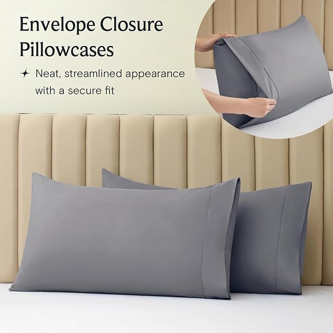 LuxClub 5 PC Split King Sheet Set Bed Sheets Deep Pockets Wrinkle Free Cooling Sheets Machine Washable Hotel Bedding Silky Soft - Light Grey Split King