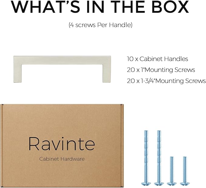 Ravinte 10 Pack Solid 3-1/2 Inch Center to Center Slim Square Bar Drawer Handles Cabinet Hardware - Brushed Nickel Kitchen Pulls
