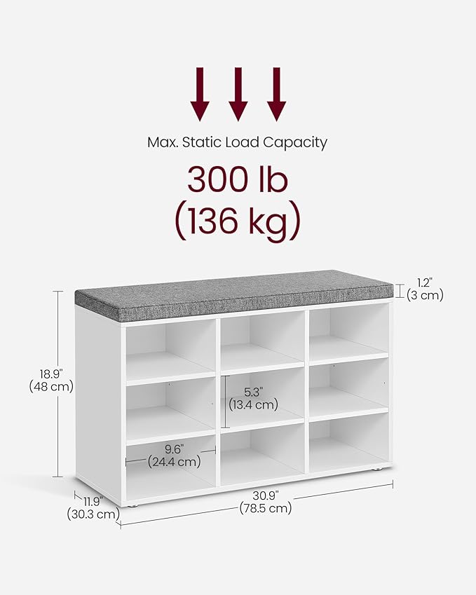 VASAGLE CUSTOS Collection - Shoe Bench, Storage Bench with Padded Seat, Entryway Bench with 9 Compartments, for Bedroom, 11.9 x 30.9 x 18.9 Inches, Cloud White and Dove Gray ULHS009W14