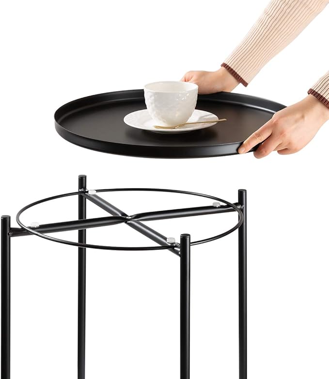 danpinera Metal Black Side Table for Small Spaces Outdoor Patio Table Round Metal Coffee Table Waterproof Removable Tray Table for Living Room Bedroom Balcony Office Black