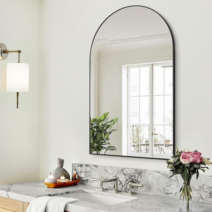BEAUTYPEAK 24"x36" Arch Bathroom Mirror, Wall Mounted Vanity Metal Frame Mirror for Bedroom, Entryway, Living Room, Black