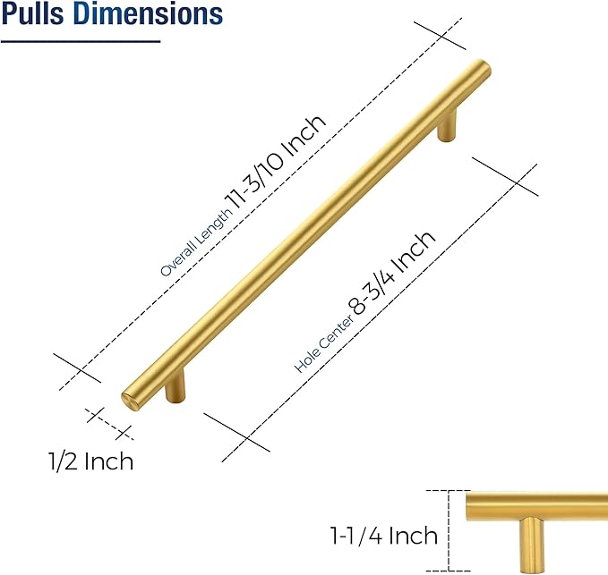 JOY DECOR 15 Pack Cabinet Handles, Gold Cabinet Pulls, 8-3/4 in Hole Center Kitchen Cabinet Handles, Stainless Steel T Bar Handles for Dresser Drawers