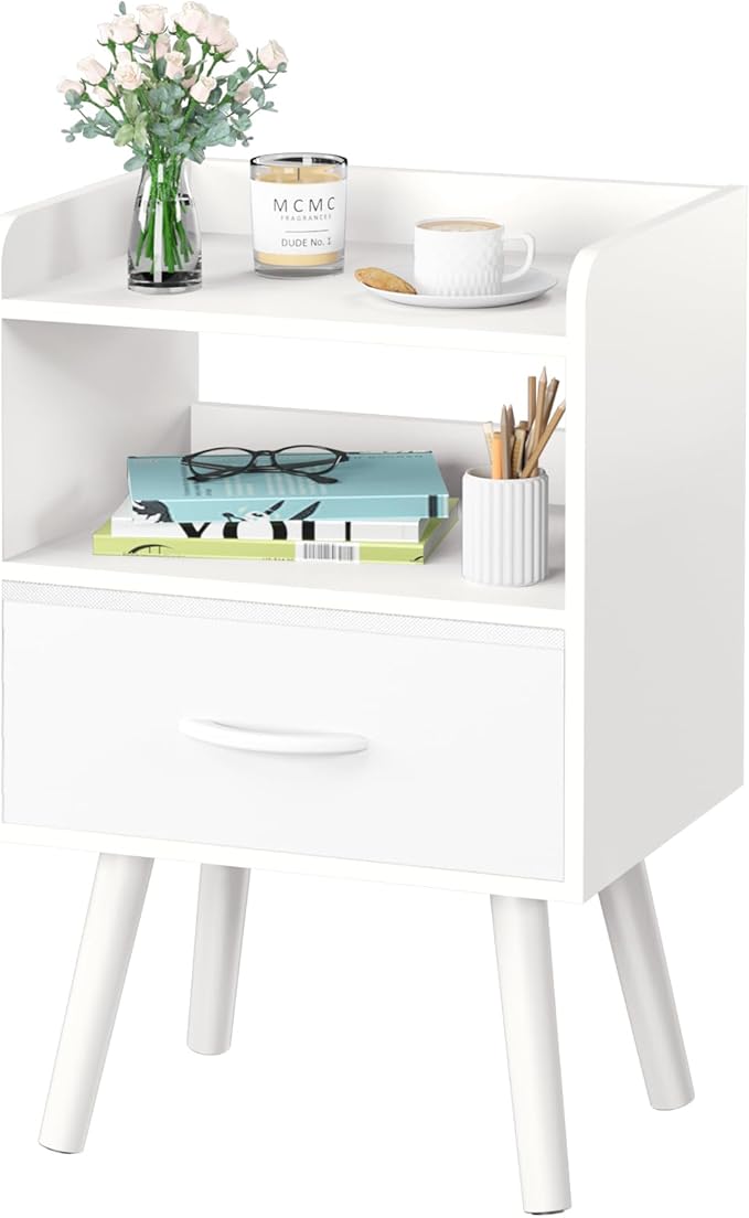 Yoobure Modern Nightstand with Drawer, Bedside Tables, Mid Century Nightstands with Open Storage Shelf, Wood Bedside Table, Small Night Stands for Bedrooms, 2-Tier Night Table