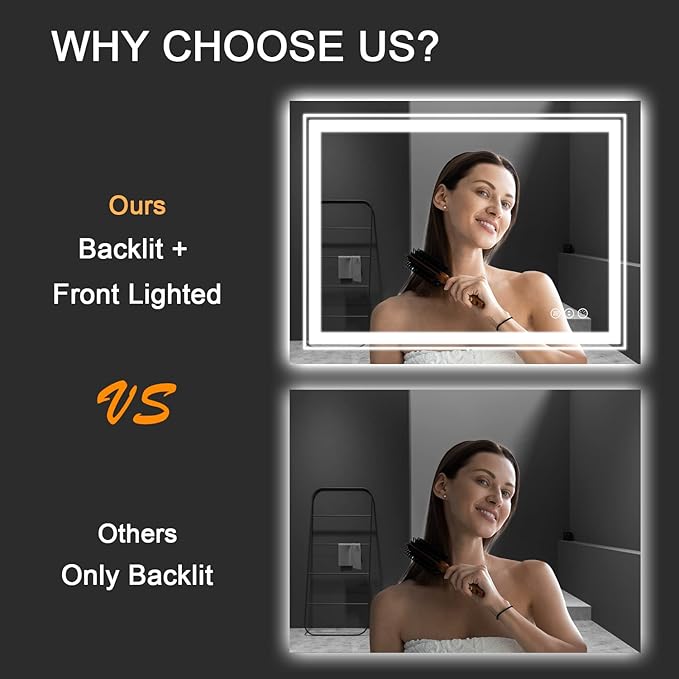 LED Bathroom Mirror, 24"x36" with Front and Backlit, Anti-Fog, Bathroom Vanity Mirror for Wall, Memory Function, Stepless Dimmable, Tempered Glass (Horizontal/Vertical)