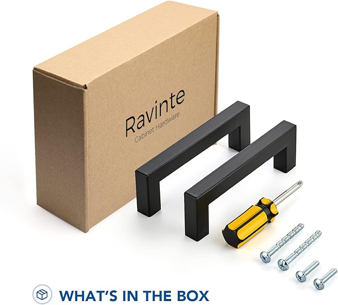 Ravinte 3 Pack Black Cabinet Pulls 4 Inch Square Kitchen Cabinet Handles Matte Black Kitchen Hardware for Drawer Pulls Drawer Handles Come with Screwdriver
