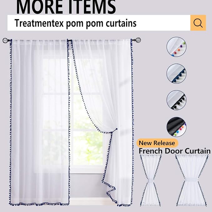 Treatmentex Pom-Pom Blue Sheer Curtains for Bedroom 63" Window Drapes Rod Pocket Textured Sheer Curtain Panels for Boy's Room Navy 52" w 2 pcs