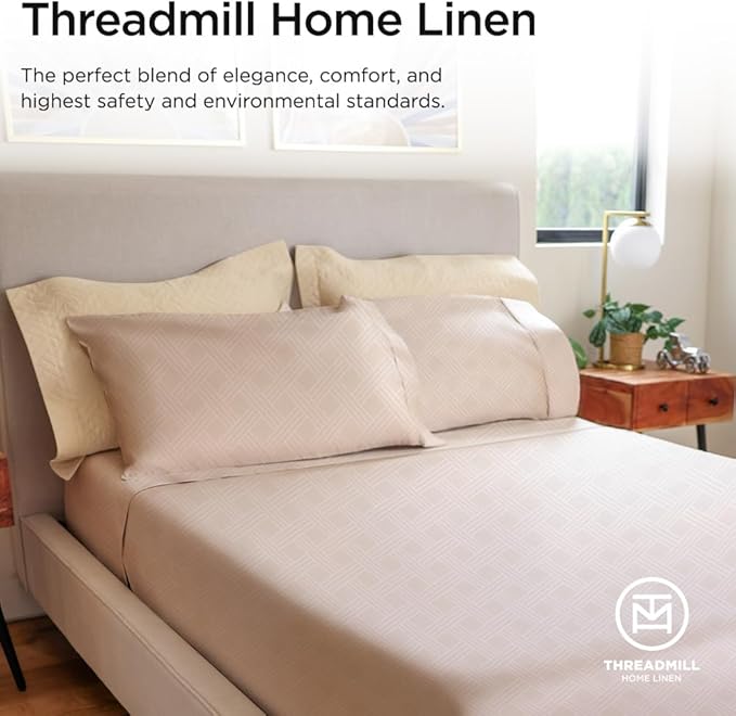 Threadmill King Size Sheets for King Mattress | 800 Thread Count Jacquard Celine Light Beige | Better Than Egyptian Cotton | 4 Pc Bed Sheets | Damask Sheet Fits 16'' Deep Pocket | 100% Cotton Sheets
