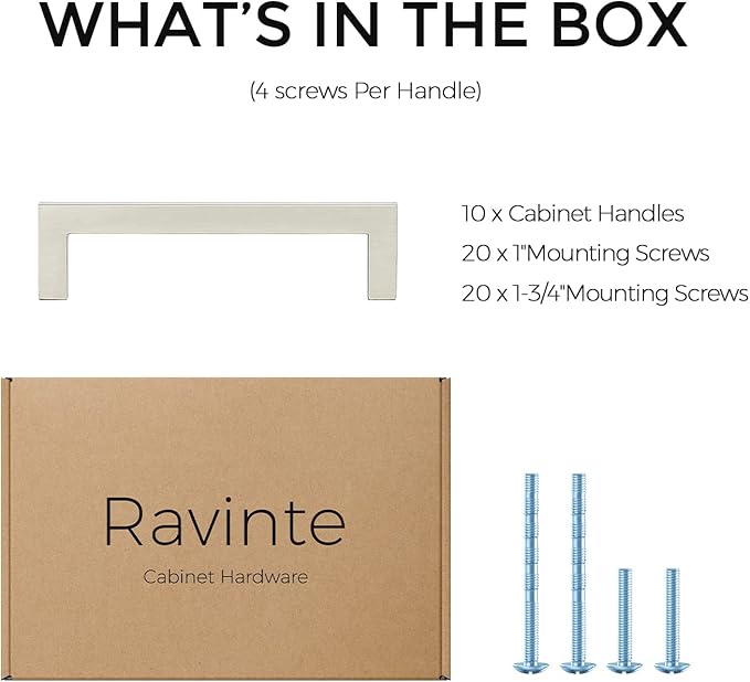 Ravinte 10 Pack Solid 3-3/4 Inch Center to Center Slim Square Bar Drawer Handles Cabinet Hardware - Brushed Nickel Kitchen Pulls