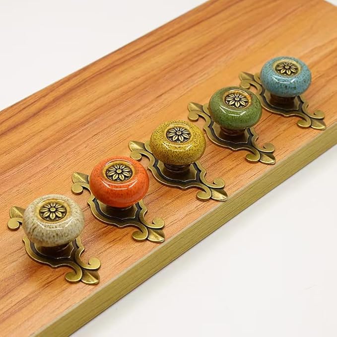 5 Pack Retro Ceramic Knobs,Vintage Dresser Kitchen Petal Cabinet Pulls Rustic Zinc Alloy Base Back Plate Kid Cupboard Wardrobe Drawer Door Handles (Leopard Print Blue)