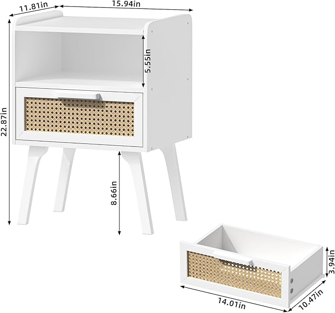 Lerliuo Rattan Nightstand, Bedside Table with Drawer Open Shelf, Cane Accent Side End Table with Solid Wood Legs, White Mid Century Night Stand for Bedroom, Dorm and Small Spaces