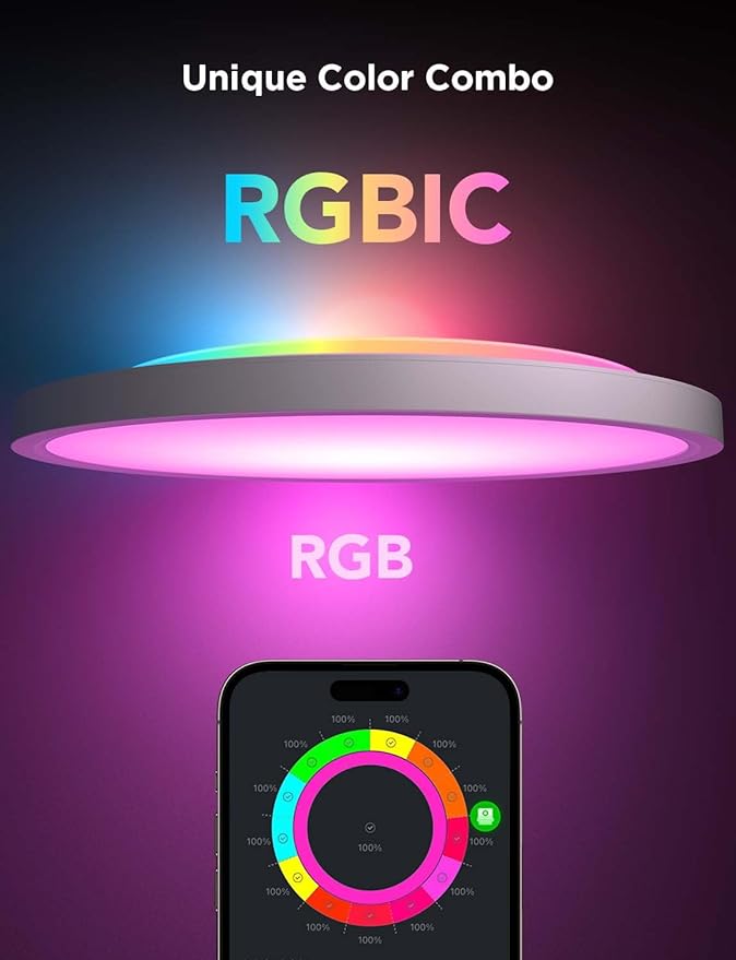 Govee Smart Ceiling Light, RGBIC LED Ceiling Light Fixture, 2400LM Flush Mount Light Fixture, DIY Colors, Works with Alexa, 2200K-6500K Ceiling Lights for Bedroom, Living Room, 12 Inch, 1 Pack