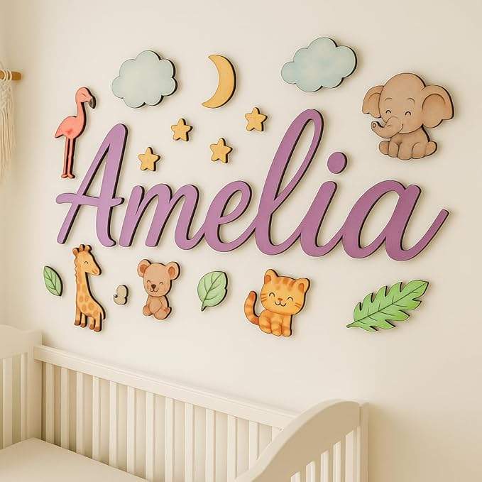 Custom Nursery Name Sign with Themed Decor Kit | Personalized Wooden Wall Art for Baby, Kids Room | Space, Jungle, Circus, Under The Sea, Woodland, Rainbow (60", Jungle/Safari)