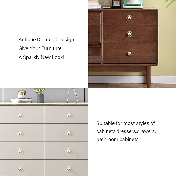 6-Pack 1-1/4-Inch Gold knob Dresser knobs White Cabinet Glass Crystal knobs Brass Drawer Polygonal Dresser Pulls, Drawer pulls