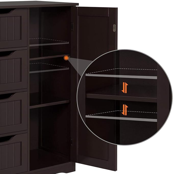 Yaheetech Wooden Bathroom Floor Cabinet, Side Storage Organizer Cabinet with 4 Drawers and 1 Cupboard, Freestanding Entryway Storage Unit Console Table, Home Decor Furniture, Brown