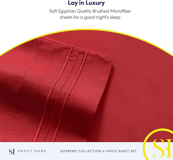 RV Queen Bed Sheets - Breathable Luxury Sheets with Full Elastic & Secure Corner Straps Built In - 1800 Supreme Collection Extra Soft Deep Pocket Bedding Set, Sheet Set, RV Short Queen, Red