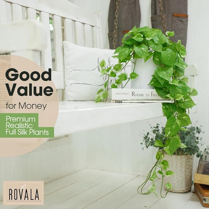 ROVALA Silk Plants for Home Decor Indoor in Pot Realistic Artificial Plants Fake Hanging Plants Faux Plants Indoor Fake Potted Plants Fake Plants for Shelves Bathroom Plants, Fake Pothos (Light Green)