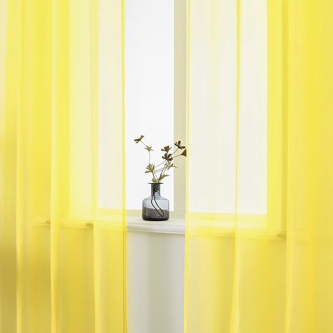 DUALIFE Bright Yellow Sheer Curtains 45 Inch Length for Kitchen 2 Panels Grommet Semi Sheer Short Curtains for Bathroom Small Windows Basement Vibrant Lemon Yellow Wide 52 by L45 Inches Long