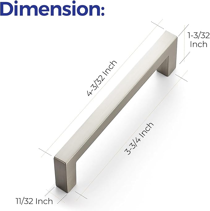 Ravinte 25 Pack Solid 3-3/4 Inch Center to Center Slim Square Bar Drawer Handles Kitchen Cabinet Handles Brushed Nickel Satin Nickel 3-3/4in Hole Center