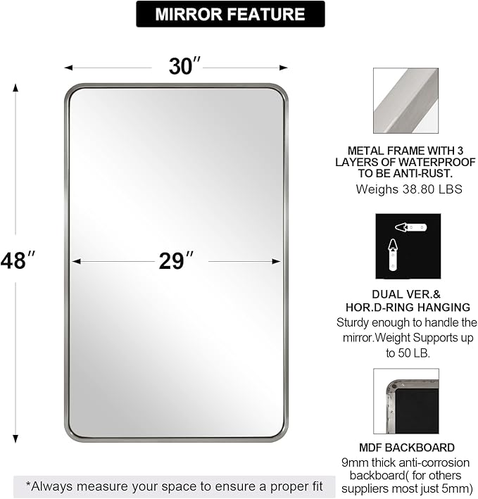 ANDY STAR 30x48 Inch Brushed Nickel Bathroom Mirror, Rounded Corner Brushed Silver Mirror, SUS304-Anti-Rust Metal Tube Frame Wall Mounted Horizontal/Vertical 1’’ Deep
