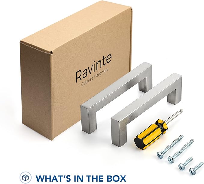 Ravinte 15 Pack Brushed Nickel Kitchen Cabinet Handles 4 Inch Cabinet Pulls Square Kitchen Hardware for Cabinet Drawer Pulls Drawer Handles Come with Screwdriver