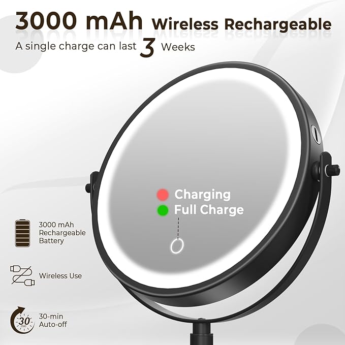 8" Wall Mounted Lighted Makeup Mirror, 3000mAh Rechargeable Double Sided 1X/10X Magnifying Mirror with Hook, 3 Color Lights Touch Dimmable 360° Rotation Vanity Mirror for Bathroom (Black)