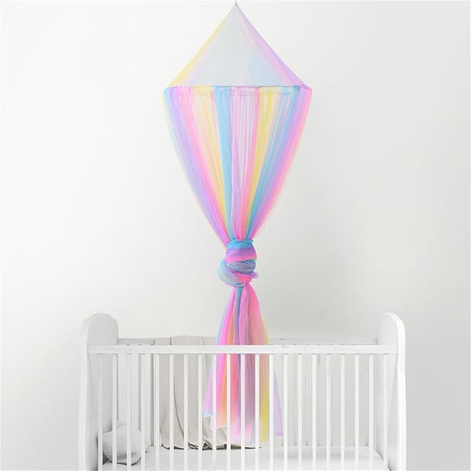 Comtelek Mosquito Net Bed Canopy for Girls,Rainbow Canopy Bed Curtains Full Queen Size from Ceiling,Dome Mosquito Netting Bed Tent Twin Girls Princess Canopy King Bed Decor