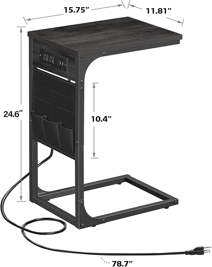 TUTOTAK C Shaped End Table with Charging Station, Side Table for Sofa, Couch Table with Storage Bag, Set of 2, TV Tray Table with 2 USB Ports and Outlets for Living Room, Bedroom, TB01BY0242