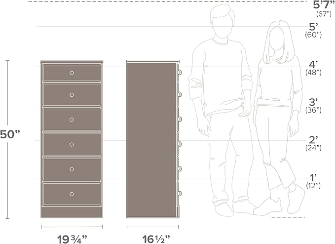 Prepac Astrid Tall Brown Dresser: 16.5"D x 19.75"W x 50"H, 6-Drawer Chest for Bedroom by Prepac - Perfect Chest of Drawers for Ample Storage