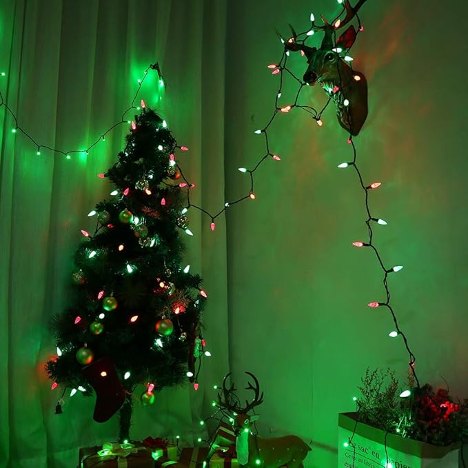 Brizled Red & Green C5 Christmas Lights, 33ft 100 LED Christmas Lights, Connectable 120V UL Certified Mini Xmas Light String Faceted Xmas Light for Christmas Tree Party Roof Indoor Outdoor Decor