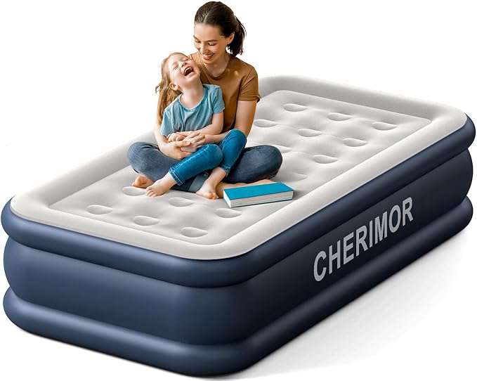 Twin Air Mattress with Built in Pump, 18 Raised Thick Inflatable Bed, 440lb Comfort Support, Inflatable Blow Up Mattress with Carry Bag for Camping, Fast Self-Inflating Air Bed for Guest&Home