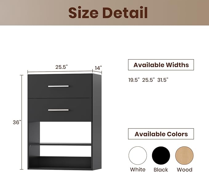 ROOMTEC 25.5" 2 Drawer Short Tower Closet Unit, Modular Closet System with Drawers and Shelf, Wardrobe Organizer for Bedroom or Walk-in Closet, Wall Mounted, Customizable Clothes Storage Unit, Black